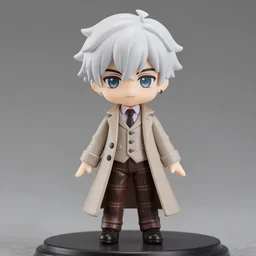 nendoroid aziraphale from good omens, good omens tv series, white curly short hair, beige suit, long coat, brown tartan pants, michael sheen