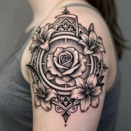 beautiful decorative classical ornamental tattoos, fibonacci rhythms, roses, lilies, rose petals, lily petals, acanthus scrolls, highly detailed etching, bilaterally symmetrical, small medium and large elements