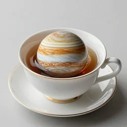 a teacup containing a planet Jupiter inside as a boiling liquid, hyper realistic