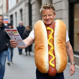 gordon ramsay in a hotdog costume, handing out flyers in the street