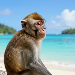 monkey staring out into the ocean on a tropical island, hyper detailed, realistic, bright colors, beautiful