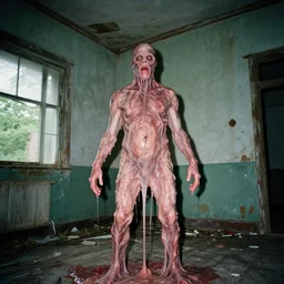 1 9 9 3, disposable camera, flash, pov, old abandoned house, male creature, standing, meat, ooze, slime, veins, wet