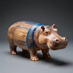 a photo of a model hippo made of repurposed elm wood composite mixed with straight lines blue epoxy! resin, full subject shown in photo, wood, epoxy resin, studio zeiss 1 5 0 mm f 2. 8 hasselblad, award - winning photo, dramatic lighting