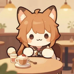 detailed painting of a cute character with animal ears relaxing inside a cafe, vector art by kobaruta and shinonoko, featured on pixiv, romanticism, warm lighting, 2 d game art, flat shading, pixiv