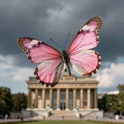 pink butterfly with the brandenburger tor in the background, bokeh, sigma