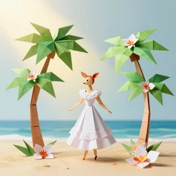 origami palm trees on a beach made out of sheets of paper, anthropomorphic doe woman wearing a caribbean white bomba dress, paper origami, many origami orchid flowers, heavenly light, 3 d, very detailed, octane render, trending artstation, artgem
