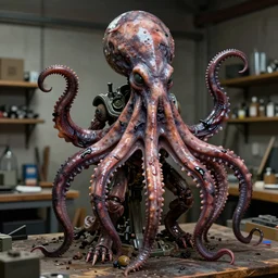 photo taken of an epic intricate, ultra detailed, super realistic gritty, hero prop, exquisitely painted animatronic movie prop of a wet slimy grotesque nightmarish hellish cephalopod creature displayed in the workshop, created by weta workshop, full body shot, photorealistic, sharp focus