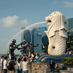 large group of people and robots attacking merlion sculpture in Singapore, photorealistic, ultra-detailed, high resolution, HDR shot, cinematic lighting