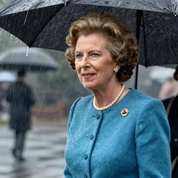 margaret thatcher in torrential rainstorm, hyper realistic color illustration