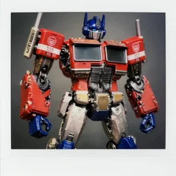 a transformers g 1 1 9 8 9 optimus prime. mint condition. close up on one toy in focus. polaroid - h 6 4 0