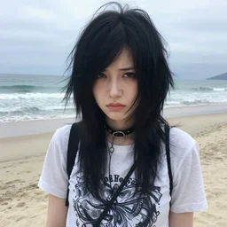 pale emo girl with black hair annoyed on the beach