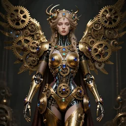 A steampunk beautiful goddess, she half human and half robot, she is embellished with gears wheels and gemstones, by William Holman Hunt, Greg Rutkowski, Stanely Artgerm, Tooth Wu, Peter Gric, Aaron Horkey, trending on Artstation, digital art, mythological, symmetrical artwork, cinematic lighting, hyper realism, high detail, octane render, ultra realistic, golden ratio, 4k, 8k