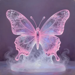 butterfly ice sculpture, pink, purple, glow, steam at the bottom, oil painting
