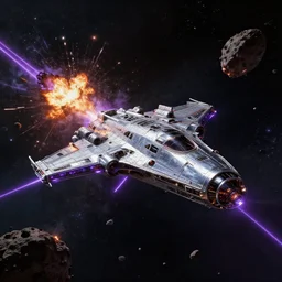 Wide shot of a chrome spaceship in  battle , explosions and purple  lasers, burning wrecks. Asteroid belt. Scenic view, in the void of space, underexposed, matte painting by Craig mullins and Emmanuel_Shiu and john berkey, cinematic, dark sci-fi, concept art trending on artstation, movie quality  , 4k, insane details, ultra realistic