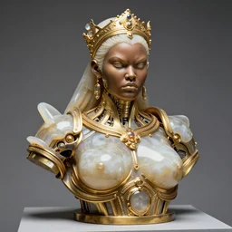 translucent onyx and gold bust of angry futuristic obese cyborg young black galactic empress, organic cyborg, museum piece, chromatic distortion