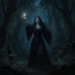 forest, woman, dark, darkness, midnight, ritual, mysticism, the witch, summon, color, illustration, fantasy