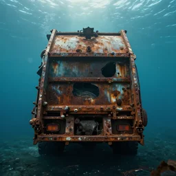 movie frame still of rusted barnacle covered garbage truck at the bottom of the ocean, cinematic lighting, zenith view, ultra wide angle, 5 0 mm bokeh, 8 k