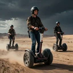 people driving segways in the desolate wastelands, closeup action photo, madmax movie still, dramatic dark atmosphere, dream - like heavy dark atmosphere, detailed octane render trending on artstation, 8 k artistic photography, volumetric cinematic perfect light, chiaroscuro, masterpiece, raphael, caravaggio, beksinski, beeple