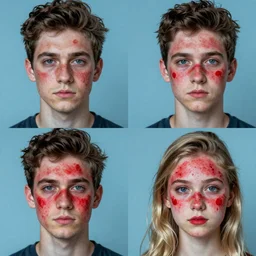 three brown haired guys and one blonde girl with red splotches covering their faces except their eyes noses and mouths, arranged in a 4 x 4 grid, blue filter