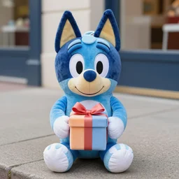 blue'snappy gifts'human - sized plush doll, on sidewalk, holding gift, happy atmosphere, high detail, soft lighting, 8 k