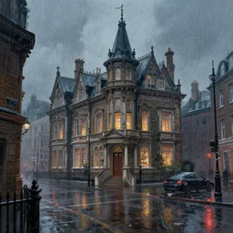 a beautiful cyberpunk futuristic painting of rainy victorian london, featured on ArtStation, 8K, concept art