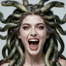 medusa portrait, screaming straight at viewer, snake hair, beautiful female gorgon, symmetrical face, beautiful eyes, fine art, art nouveau masterpiece, museum quality work, art style of John Collier, Moebius, Studio Ghibli, cinematic, widescreen, 4K