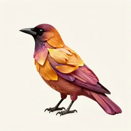 crow made of flower petals, many petals growing out of the crow's back,