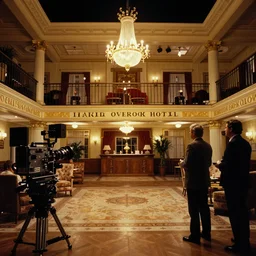 cinematography of the overlook hotel's lobby from stanley kubrick's 1 9 8 0 film the shining, inside the soundstage set for the overlook hotel interior shot on 3 5 mm eastman 5 2 4 7 film by the shining cinematographer john alcott shot on a wide kinoptik tegea 9. 8 mm lens. with golden ratio composition