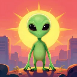 a friendly alien embodying ai - driven entrepreneurship as the essence of a sunrise vivid iconic