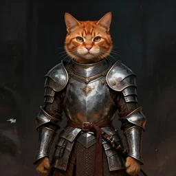 ginger cat wearing medieval suit of armor, illustration, concept art, art by wlop, dark, moody, dramatic