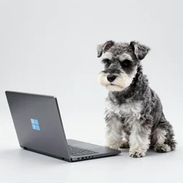 My schnauzer sitting at his gaming laptop working on his research paper using Windows 7, photo taken with my Samsung Galaxy S20 portrait mode, shallow depth of field