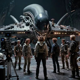 a wide angle movie still from alien ( 1 9 7 9 ) by ridley scott showing a people on an alien planet standing in front of a weird spaceship. sci - fi and supernatural horror. uneasy and uncanny atmosphere. shot on celluloid with panavision cameras. panavision lenses. 3 5 mm film negative width. anamorphic projection format