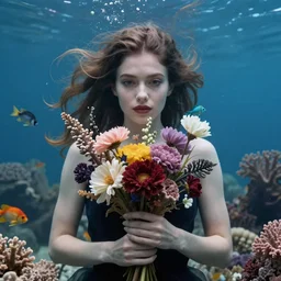 portrait of a beautiful mysterious woman underwater, hidden hands holding a bouquet of flowers, corals and fish, by eve ventrue, michael carson, andreas rochas, john watkiss, casey weldon, artgerm. art nouveau. tarot card by mucha. gloomhaven. swirly intricate linework background. gaudy colors, sharp edges. octane render