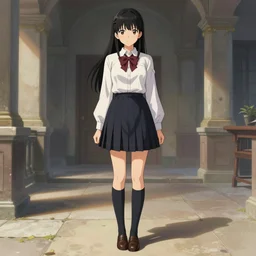 school girl in victorian dress, misa amane, school uniform, seifuku, pleated miniskirt, overknee socks, battle angel alita. by rembrandt 1 6 6 7, illustration, by konstantin razumov