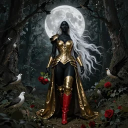 warrior goddess of flora and fauna, black, woman goddess of the moon, long white hair, standing in the middle of the forest and birds, in leather gold by lee alexander mcqueen, iron armor, red boots, roses in her hands, very beautiful style, edgard maxens, raffaello, rembrandt diego rodriguez de silva y velazquez ;