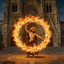 breathtaking detailed painting of fire dancer, christian saint, in the middle of a rosace of flames, on a sunlit plaza with a cathedral in the center, ornate background, one person, by Rembrandt, Rebecca guay, 8K