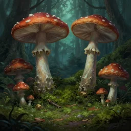 mushroom monsters, moss, forest background, detailed, digital art, digital panting, lovecraft