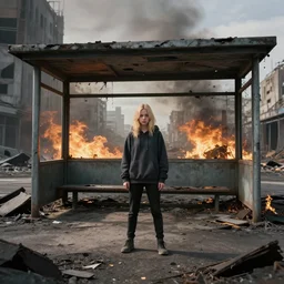 a blonde haired girl wearing a hoodie standing in a post - apocalyptic city by craig davison and kashin wadim, abandoned bus stop, craters, scorching weather, realistic, epic composition