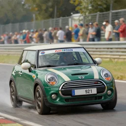 an oil painting of a mini cooper car winning a race in Italy