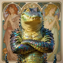 cinematic portrait of anthropomorphic alligator character, masculine and ferocious, gator warrior arms crossed by artgerm, cushart krenz, greg rutkowski, mucha. art nouveau. gloomhaven, iridescent scaled body, vibrant colors, sharp edges. ultra clear detailed. 8 k. elegant, intricate, octane render