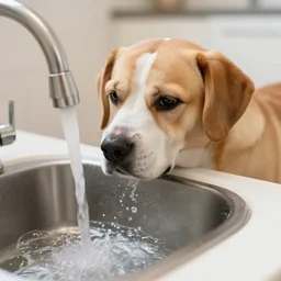 a very sharp photo of a dog looking bored while doing the dishes