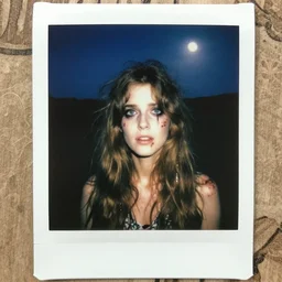 an instant photo of a beautiful but creepy young woman in layers of fear, with haunted eyes and wild hair, 1 9 7 0 s, seventies, wallpaper, moorland, a little blood, moonlight showing injuries, delicate embellishments, painterly, offset printing technique, by mary jane ansell