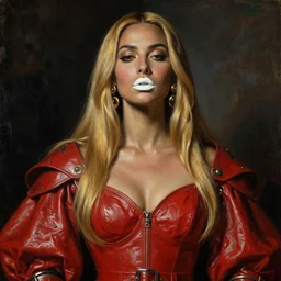 warrior, mulatto,, beautiful face, beautiful features, image of monica beluchi, white lips, long golden hair, red closed leather dress, leather armor, iron armor, gold earrings, alexander mcqueen clothes, very beautiful style, realism, oil, titian, velazquez, degas, repin, edgard mcsons,