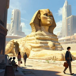a futuristic science fiction street scene of the sphinx on a sunny day by simon stalenhag and greg rutkowski