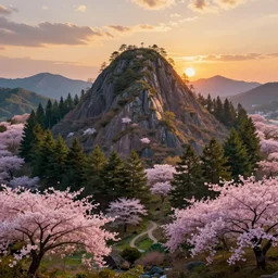 a glitch art of a dream landscape painting of a mountain with trees circling it, and a sakura trees, golden hour time, rgb
