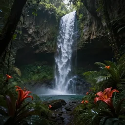 jungle cave waterfall magic dark blooming flowers plants, volumetric lighting, rtx on, washed out colors, an award winning digital render, beautiful, ultradetailed, great composition, depth of field