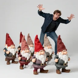 pack of gnomes chasing a scared man with arms flailing behind him