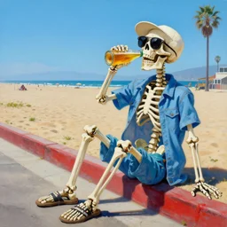 painting of a skeleton wearing summer clothes and sunglasses, sitting on the curb at a long beach california, drinking beer and enjoying life