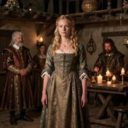 frida gustavsson wearing 1 8 th century stay in a medieval tavern at night with candles, wow 4 k detail fantasy, matte painting, realistic materials, photo realistic, postprocessing, cinematic, hyperrealistic, studio lighting, ekaterina, the tudors, photography by richard jenkins
