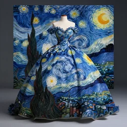 Stunning photograph of a magnificent and extravagant ball gown designed after by Van Gogh's Starry Night. Fashion contest winning piece. Studio lighting